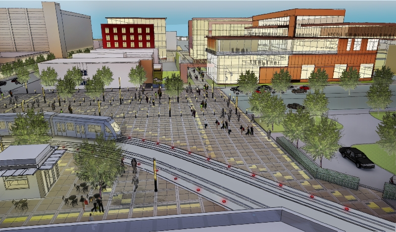 D -View of shared use plaza with transit
